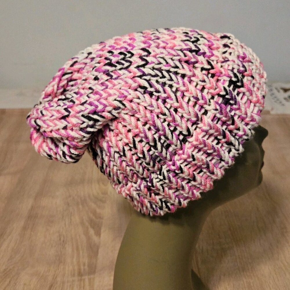 Hand-Made - Knitted Winter Beanie  Pink Multicolor Hat - One-Size - Very Warm!